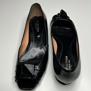 Sergio Rossi Sz 38.5 Peep Toe Black Leather Flats Shoes